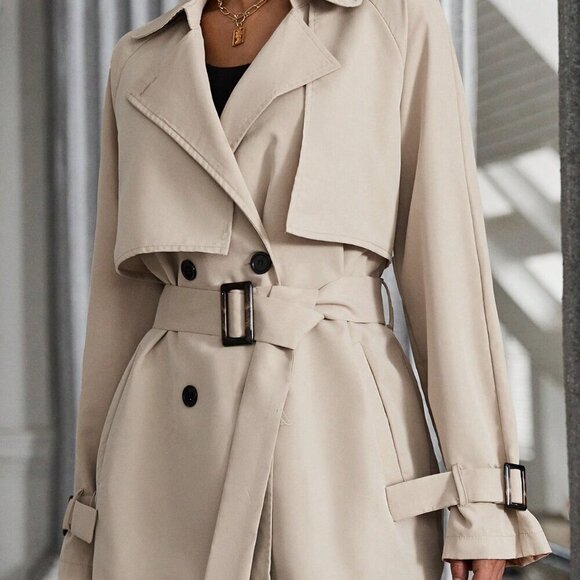 Khaki Casual Women's Raglan Sleeve Double Breasted Belted Trench Coat - Picture 2 of 6